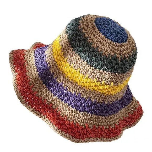 Foldable Bohemian Seaside Rainbow Color Straw Woven Sunhat - Picture 12 of 14